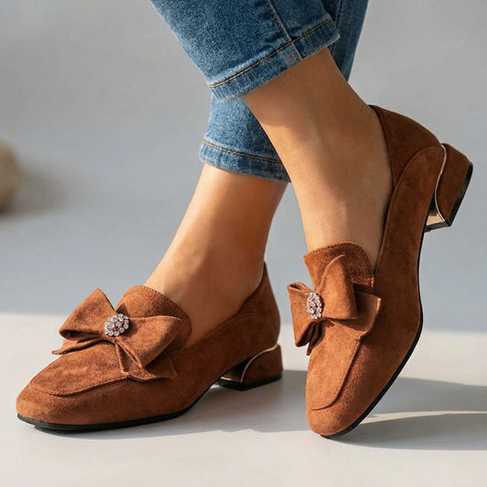 Women's Suede Bow Detail Black Loafers Corvine