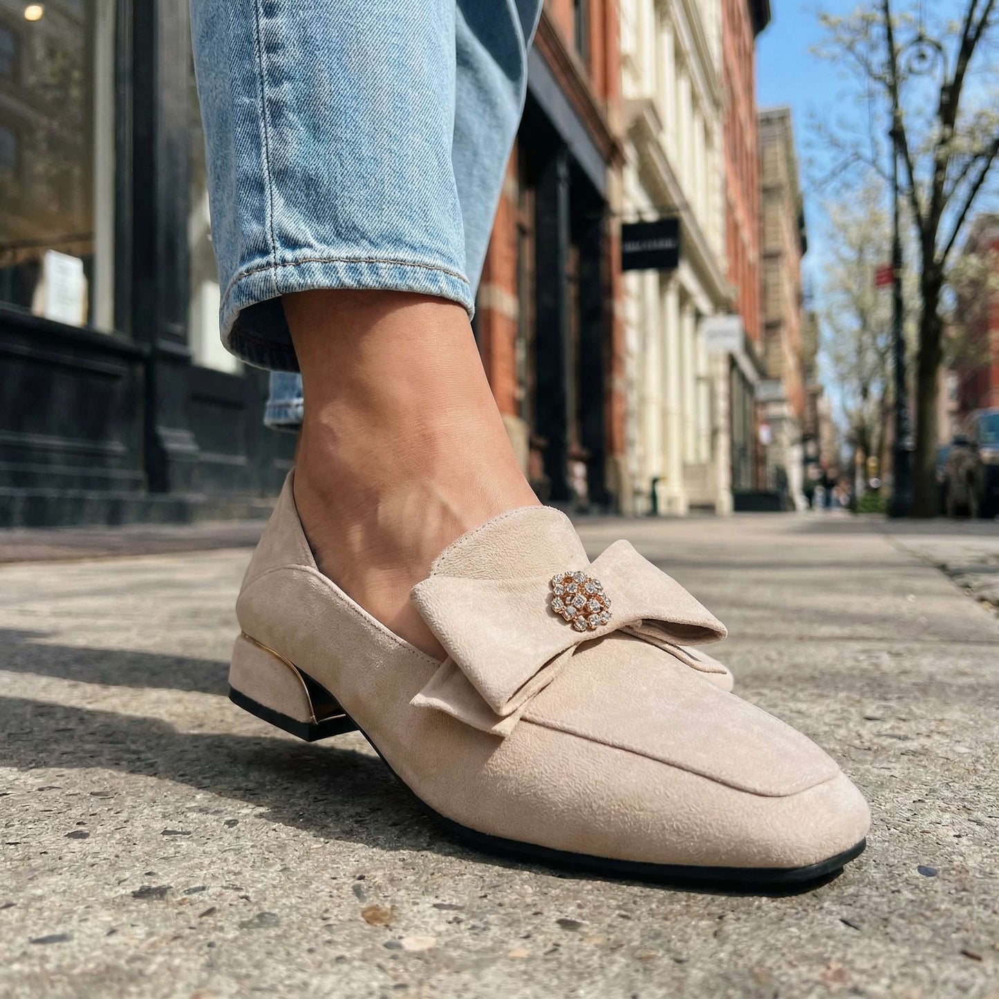Women's Suede Bow Detail Black Loafers Corvine