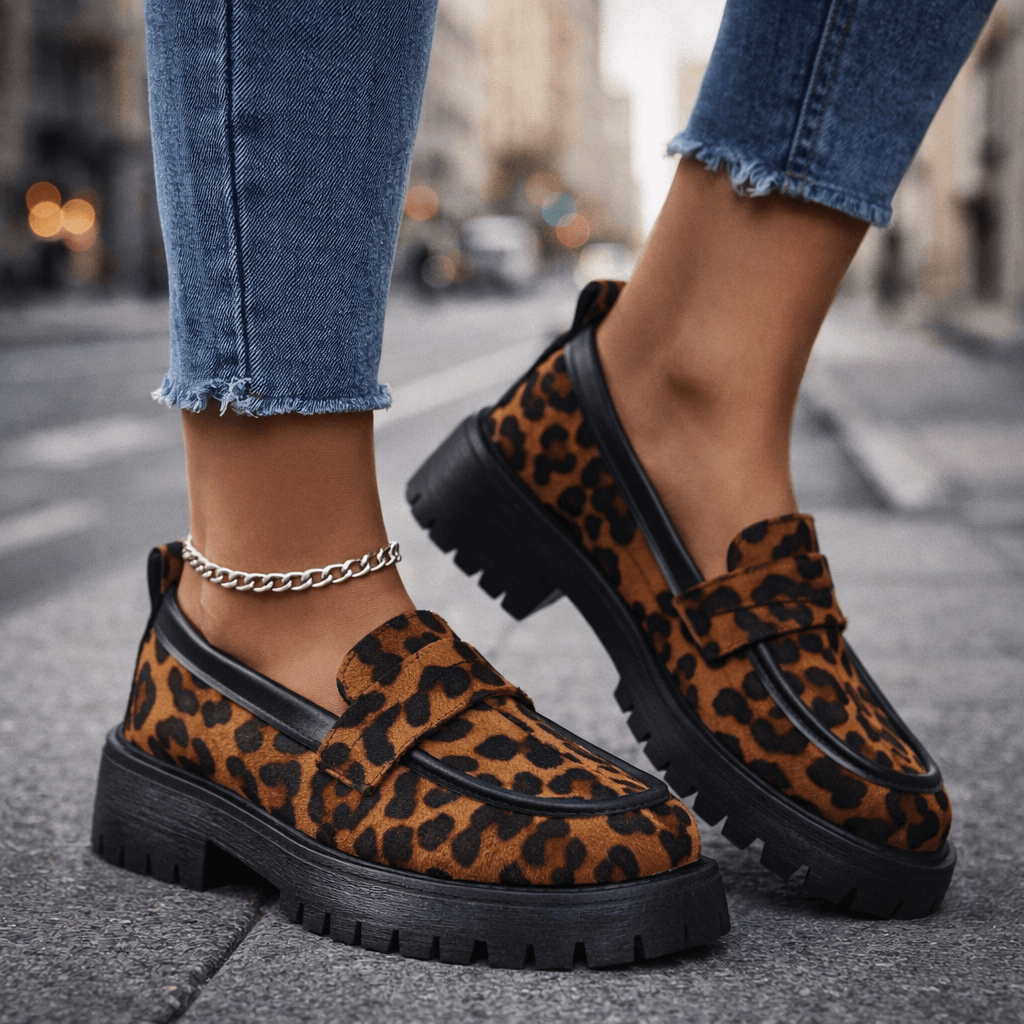 Women's Suede Leopard Platform Loafers | Chunky Slip-On Dress Shoes