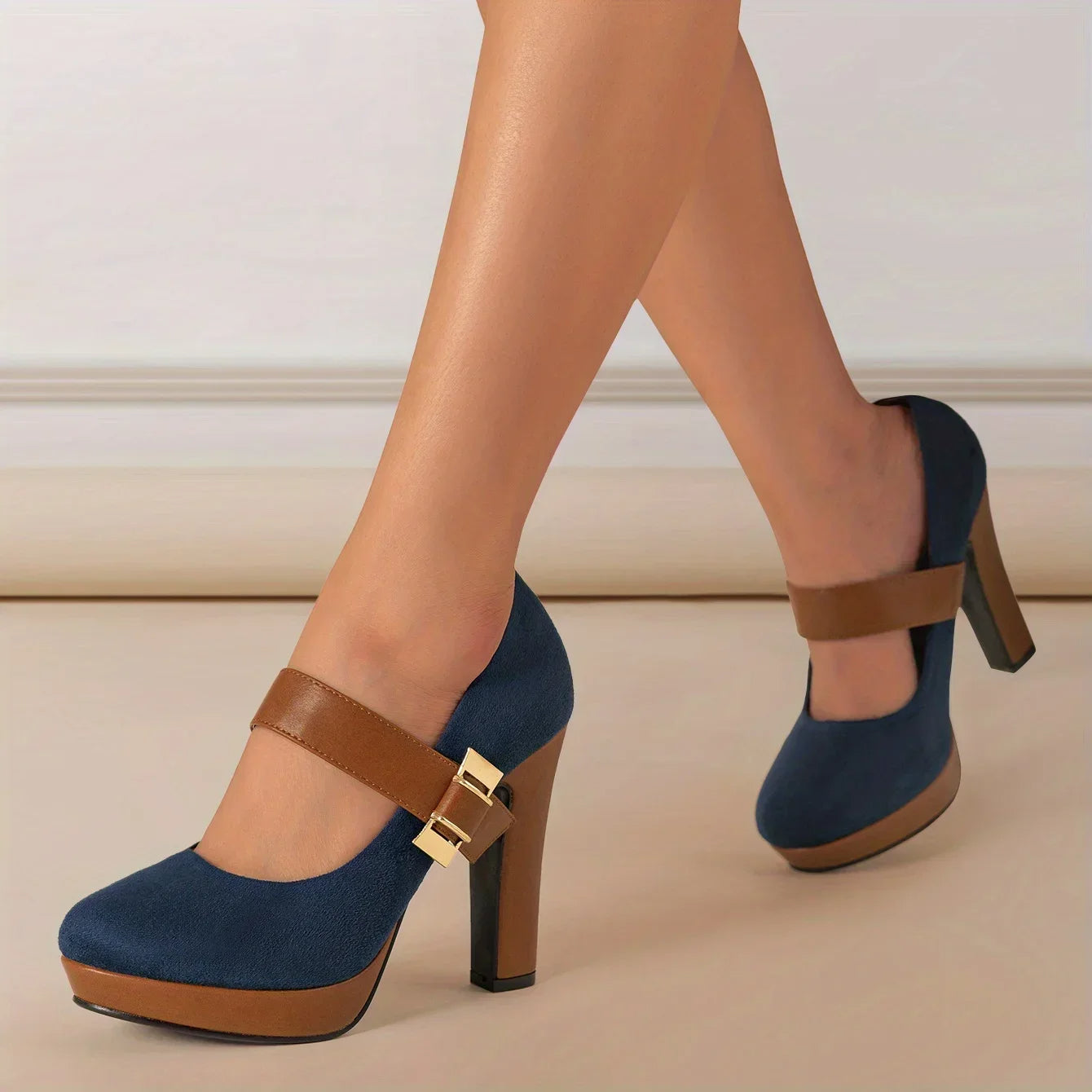 Women's Suede Textured Block Heel Mary Jane Shoes Corvine