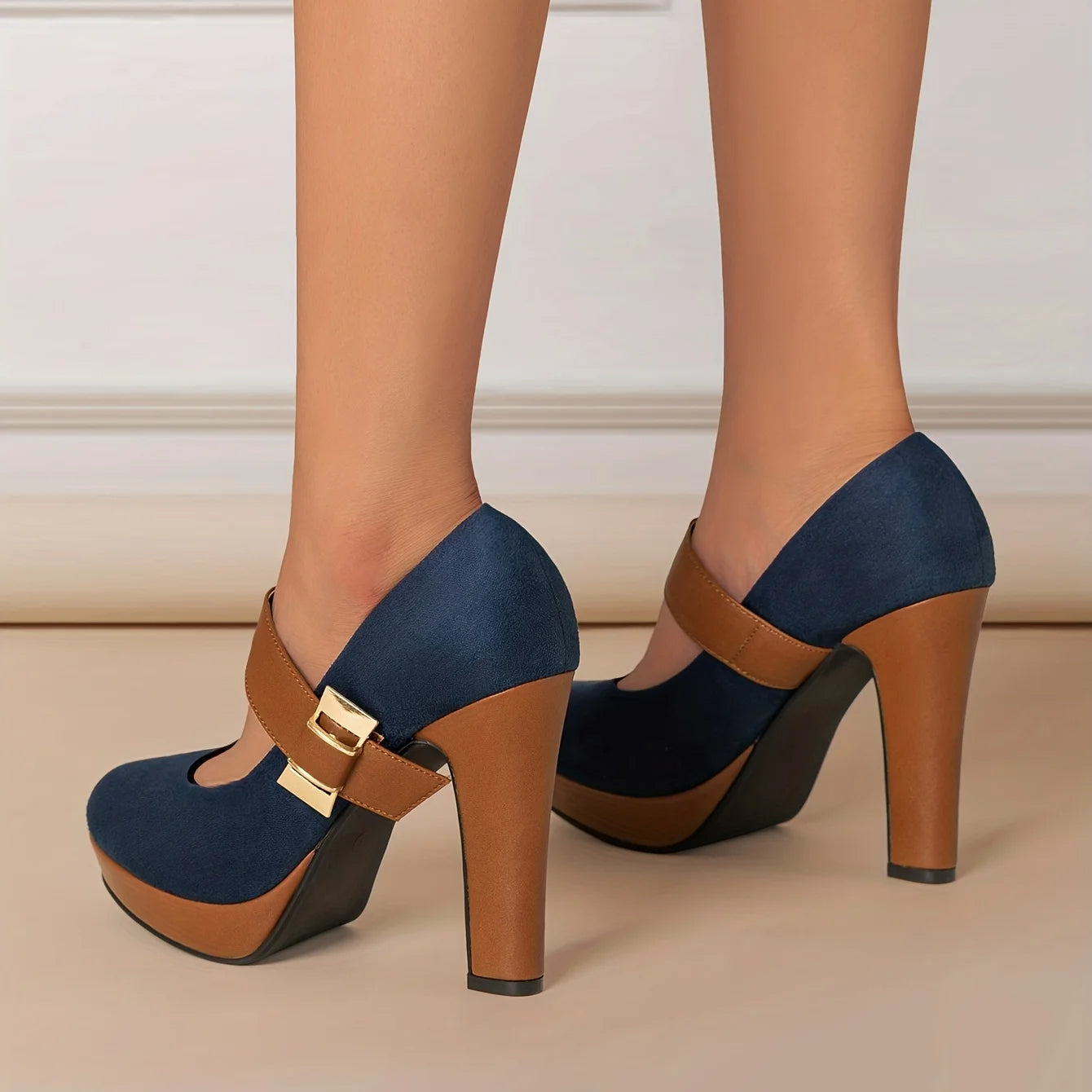 Women's Suede Textured Block Heel Mary Jane Shoes Corvine