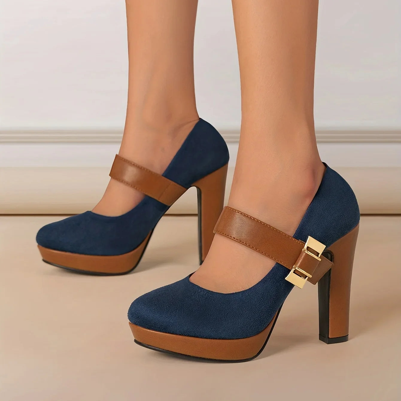 Women's Suede Textured Block Heel Mary Jane Shoes Corvine