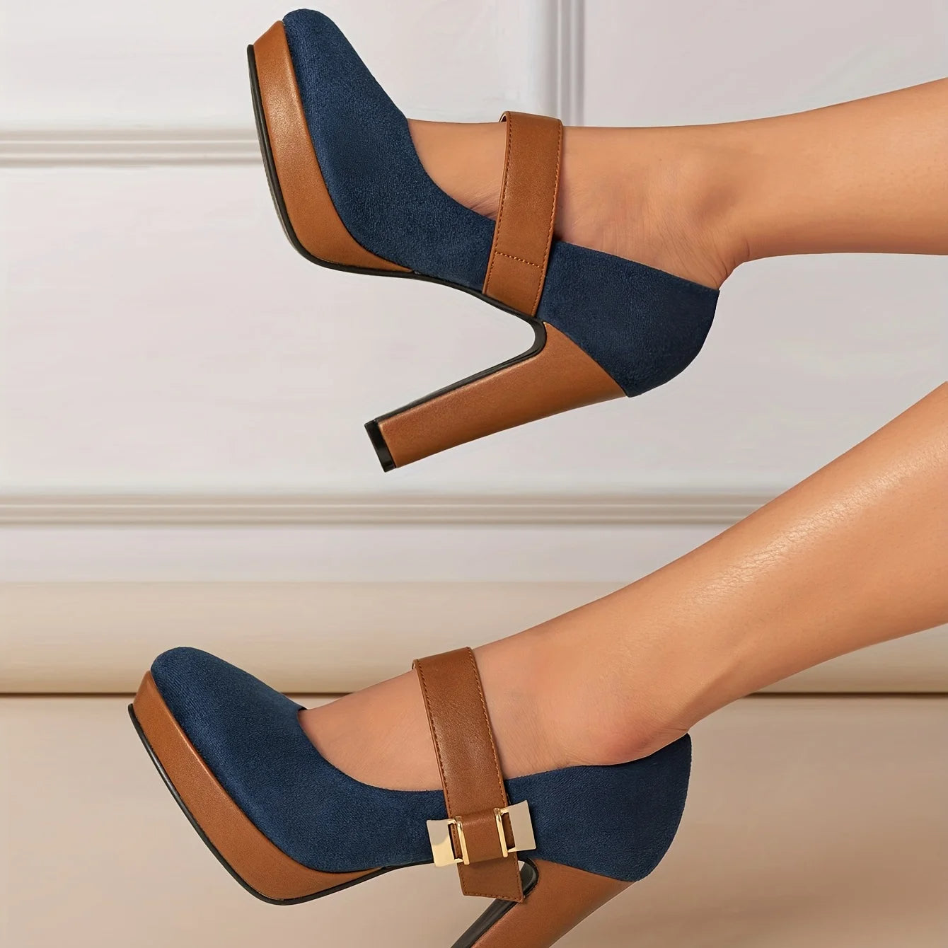 Women's Suede Textured Block Heel Mary Jane Shoes Corvine
