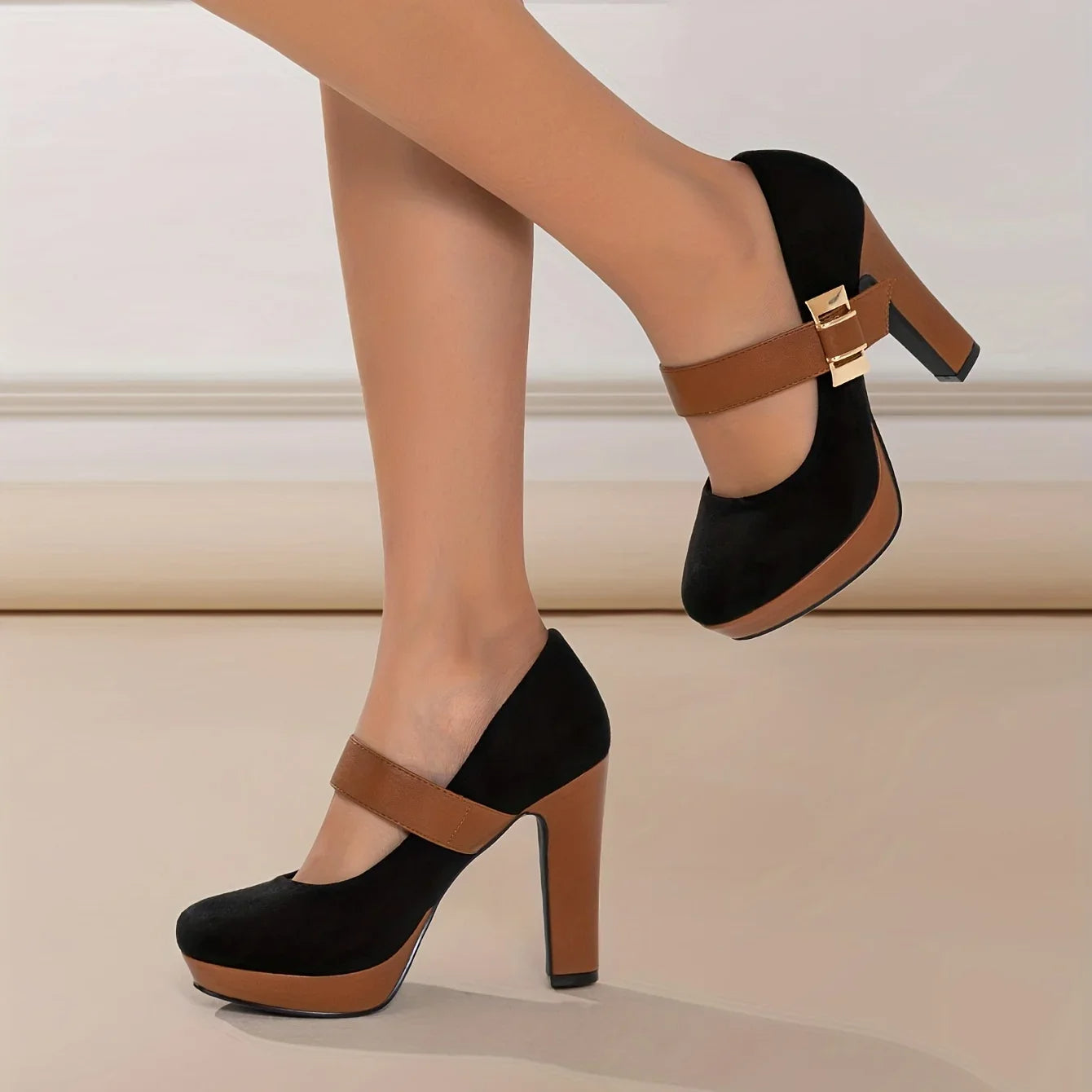 Women's Suede Textured Block Heel Mary Jane Shoes Corvine