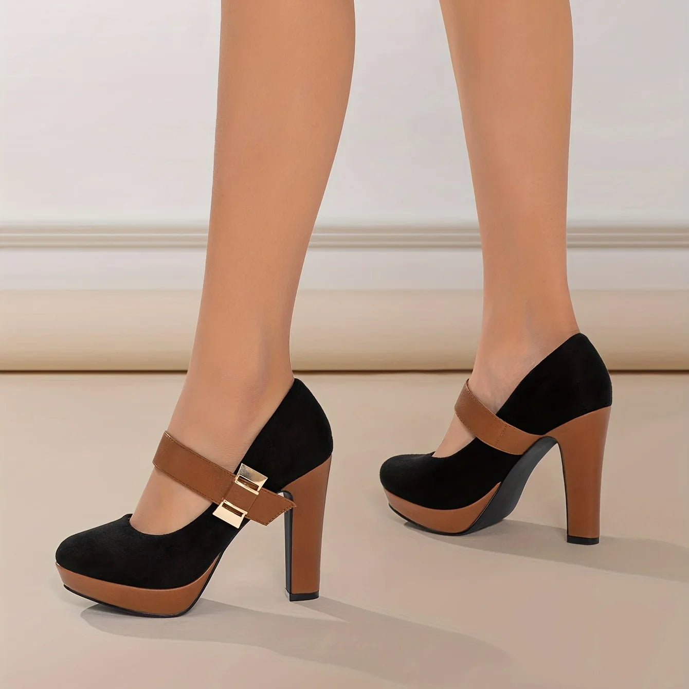 Women's Suede Textured Block Heel Mary Jane Shoes Corvine
