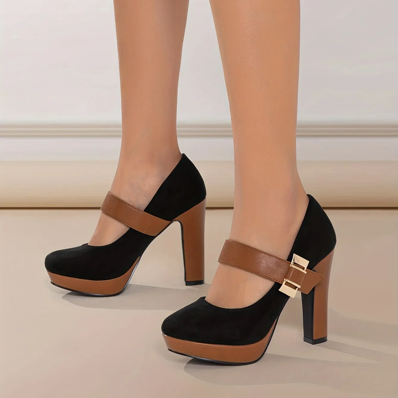 Women's Suede Textured Block Heel Mary Jane Shoes Corvine