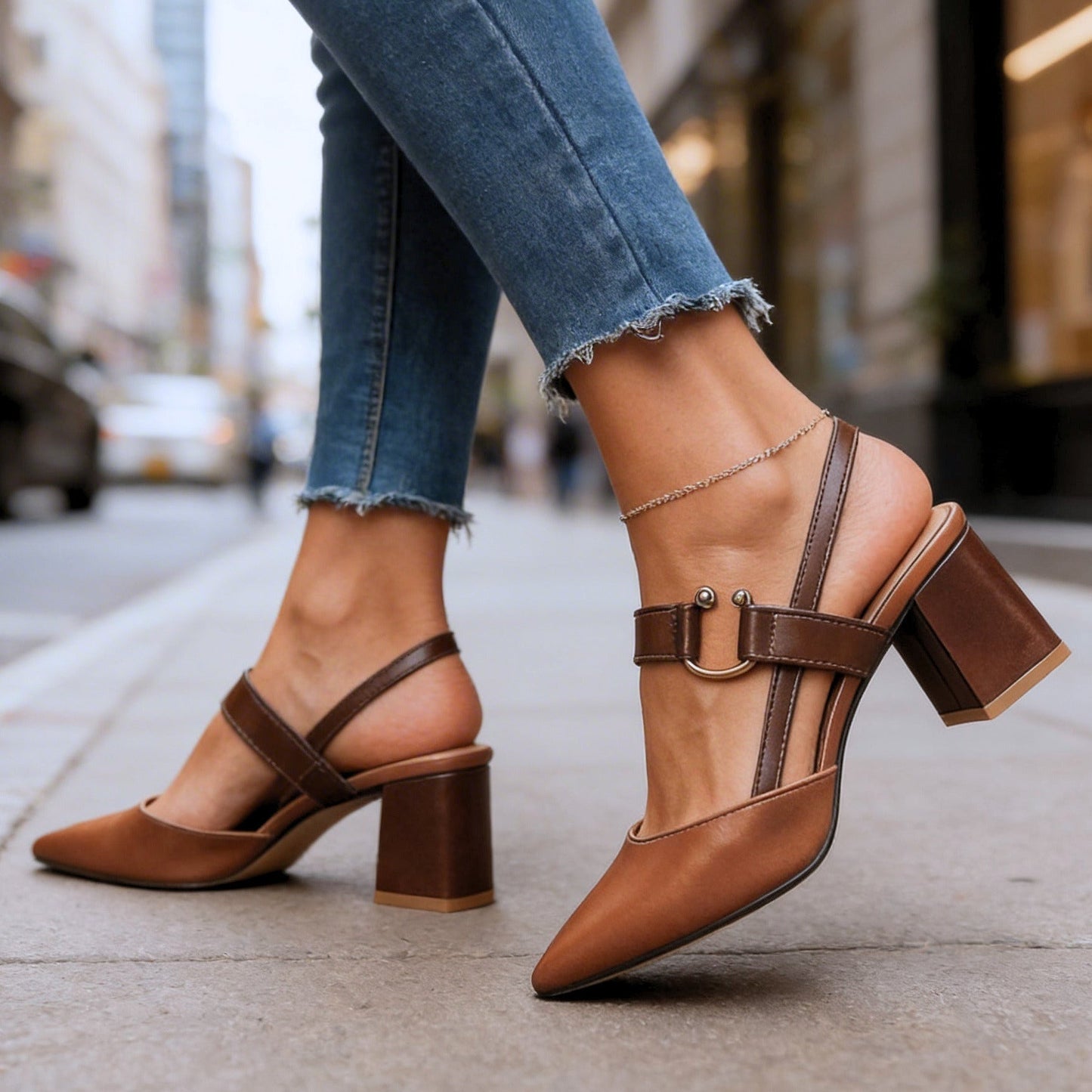 Women's Supple Leather Block Heels in Nude Corvine