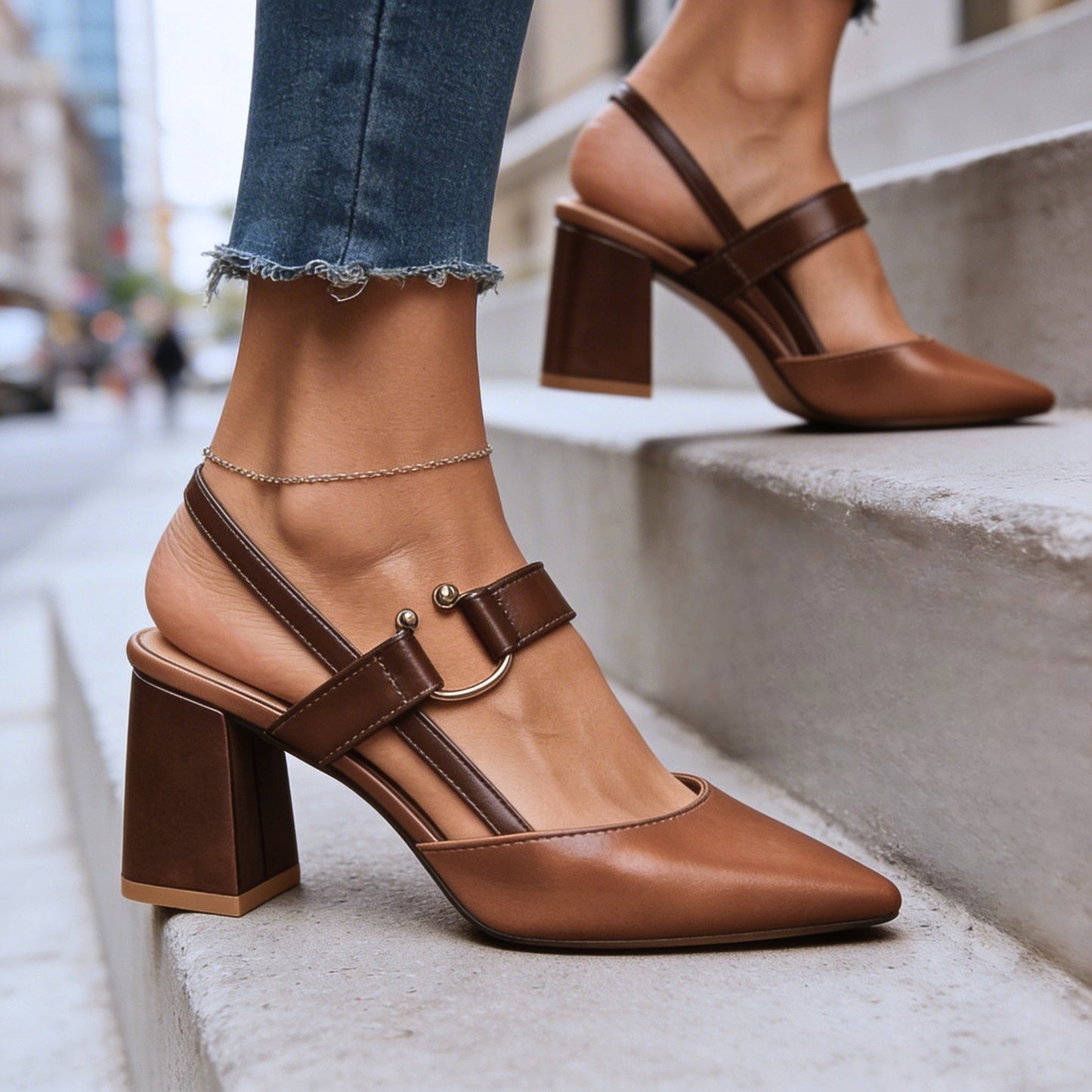Women's Supple Leather Block Heels in Nude Corvine