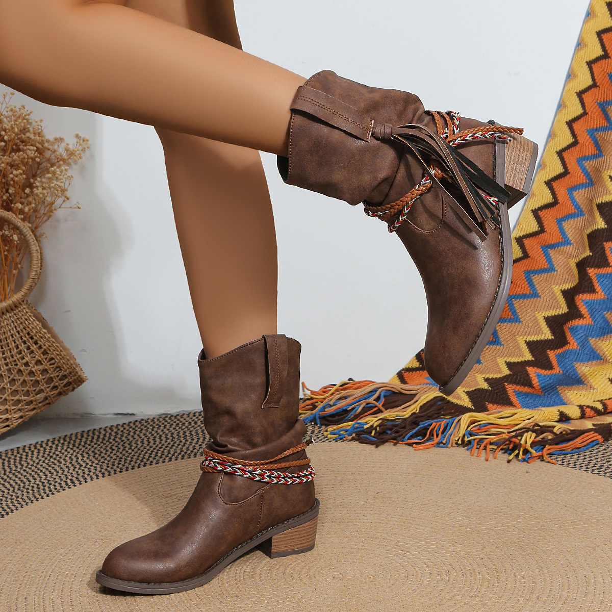 Women's Supple Leather Mid-Ankle Cowgirl Boots Corvine