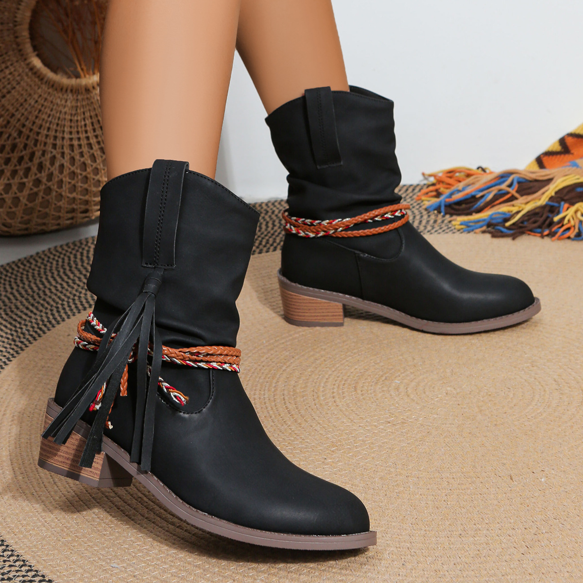 Women's Supple Leather Mid-Ankle Cowgirl Boots Corvine