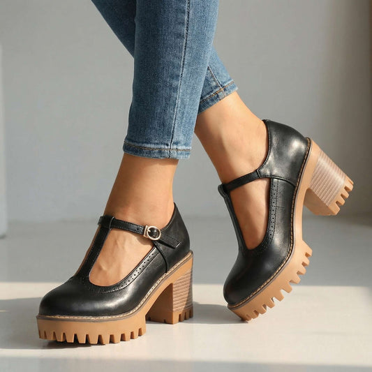 Women's Synthetic Chunky T-Strap Mary Jane Heels Corvine