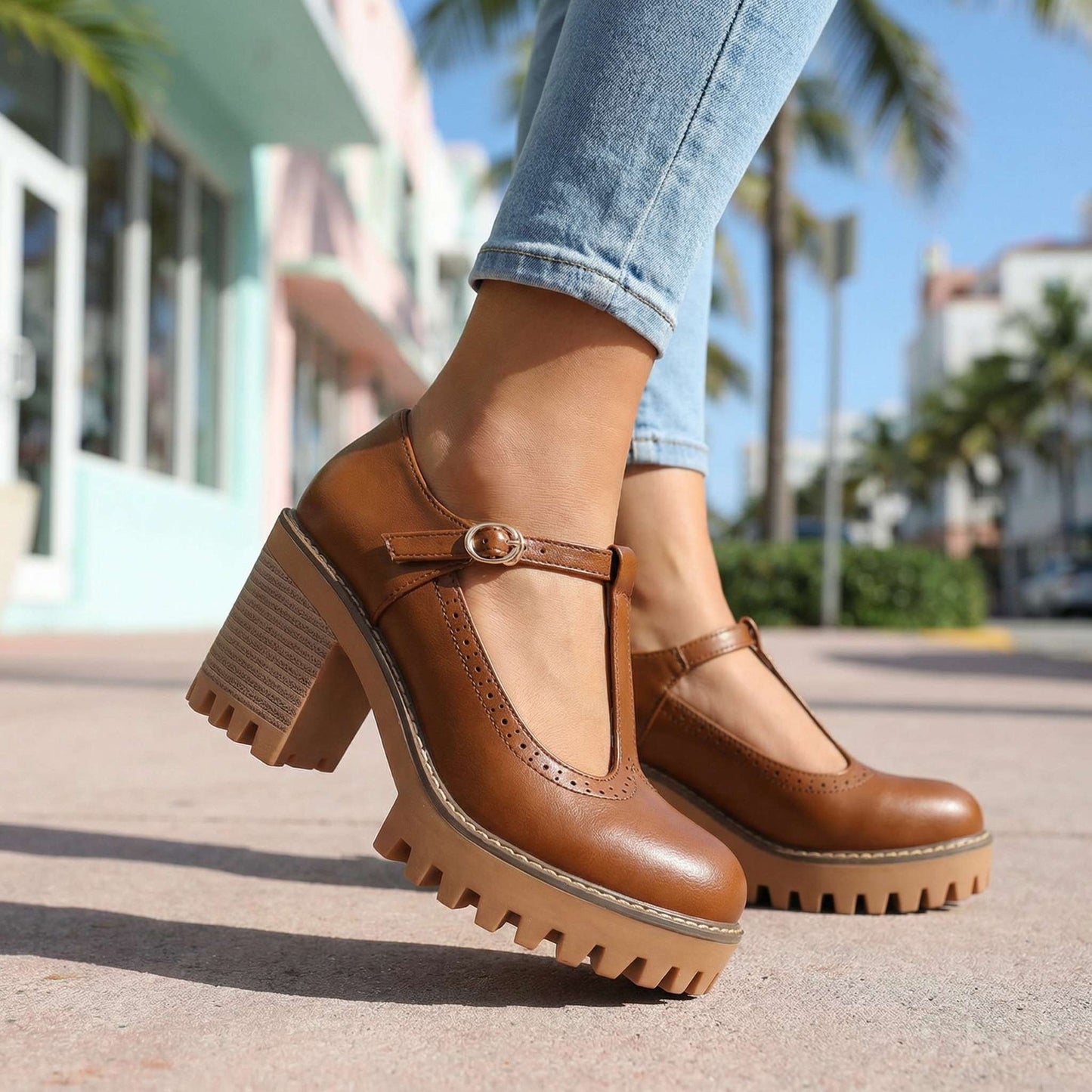 Women's Synthetic Chunky T-Strap Mary Jane Heels Corvine