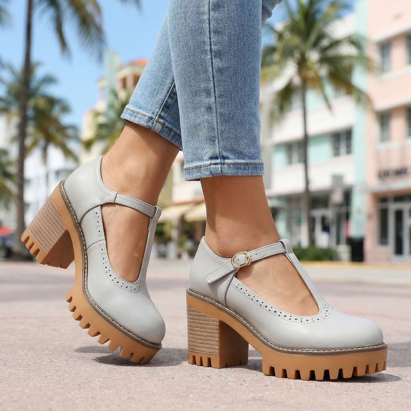Women's Synthetic Chunky T-Strap Mary Jane Heels Corvine