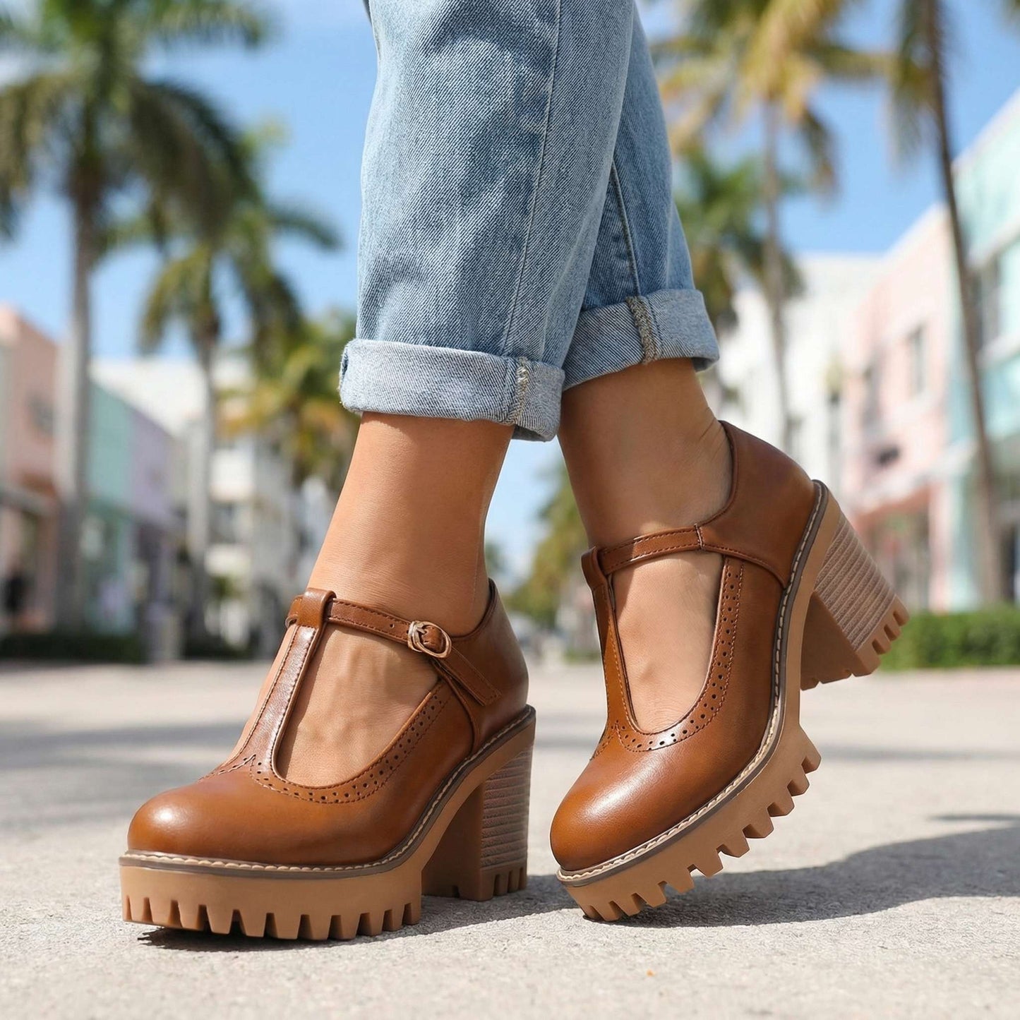 Women's Synthetic Chunky T-Strap Mary Jane Heels Corvine