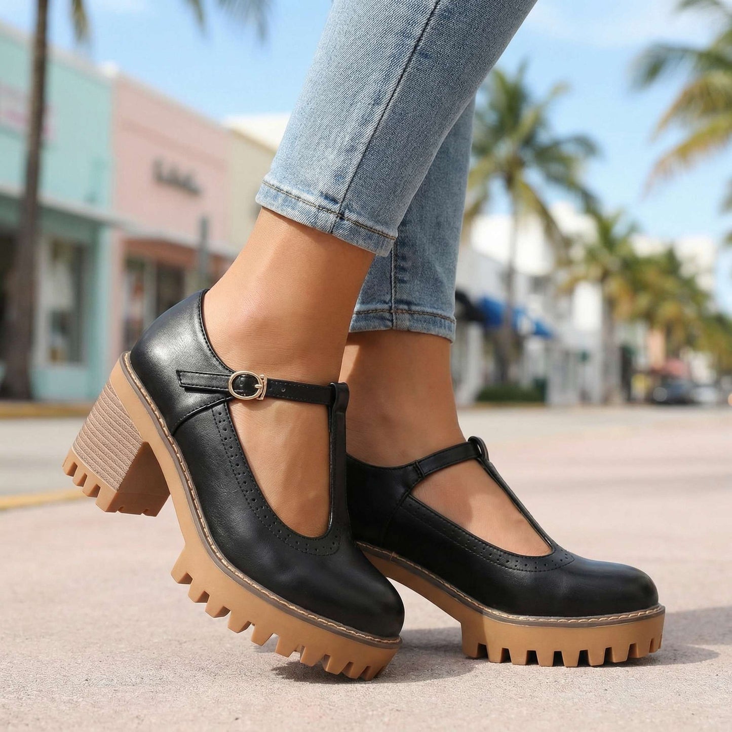 Women's Synthetic Chunky T-Strap Mary Jane Heels Corvine
