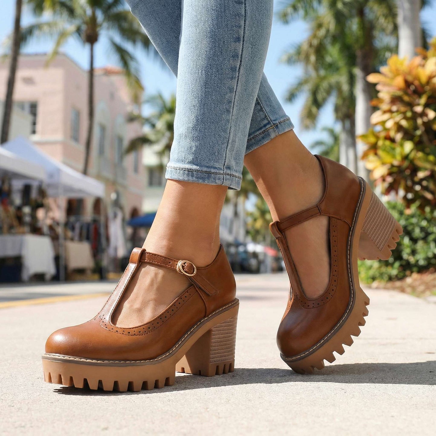 Women's Synthetic Chunky T-Strap Mary Jane Heels Corvine