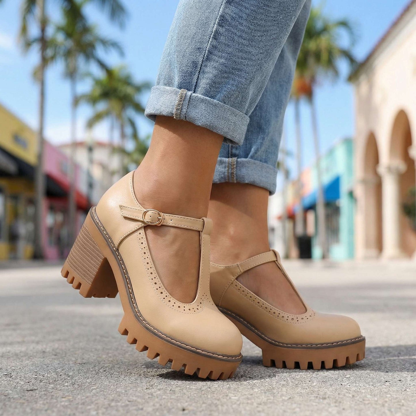 Women's Synthetic Chunky T-Strap Mary Jane Heels Corvine