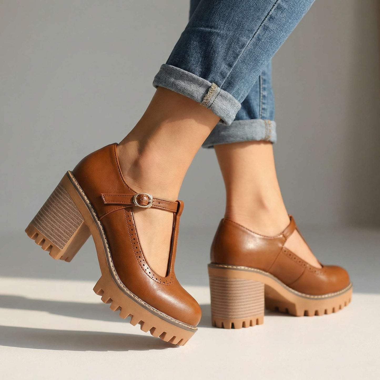 Women's Synthetic Chunky T-Strap Mary Jane Heels Corvine