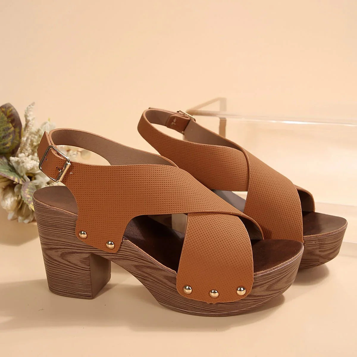 Women's Synthetic Criss-Cross Strap Block Heel Sandals Corvine