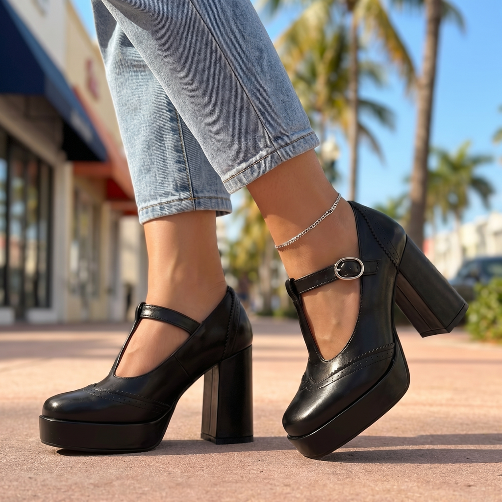 Women's Synthetic Mary Jane Block Heel Shoes Corvine