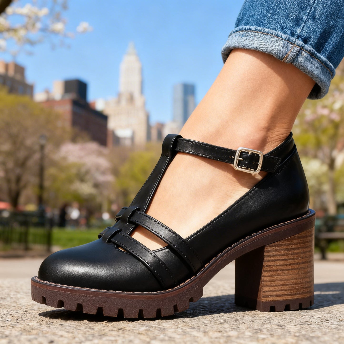 Women's Tailored Upper T-Strap Black Loafers Corvine