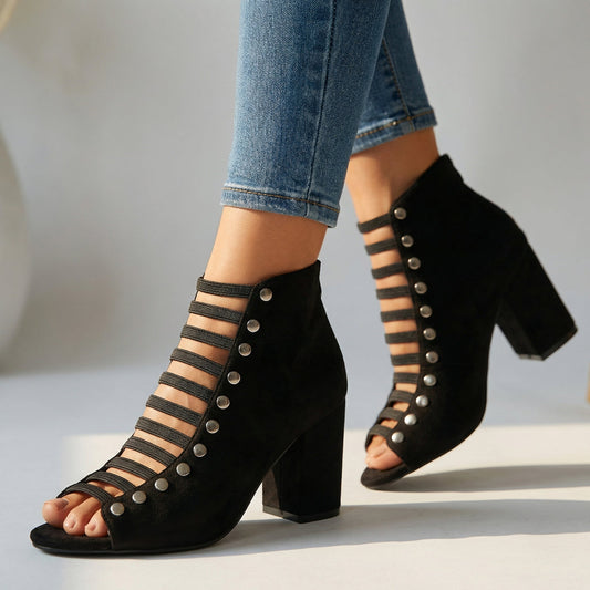 Women's Textured Black Open Toe Heels Corvine