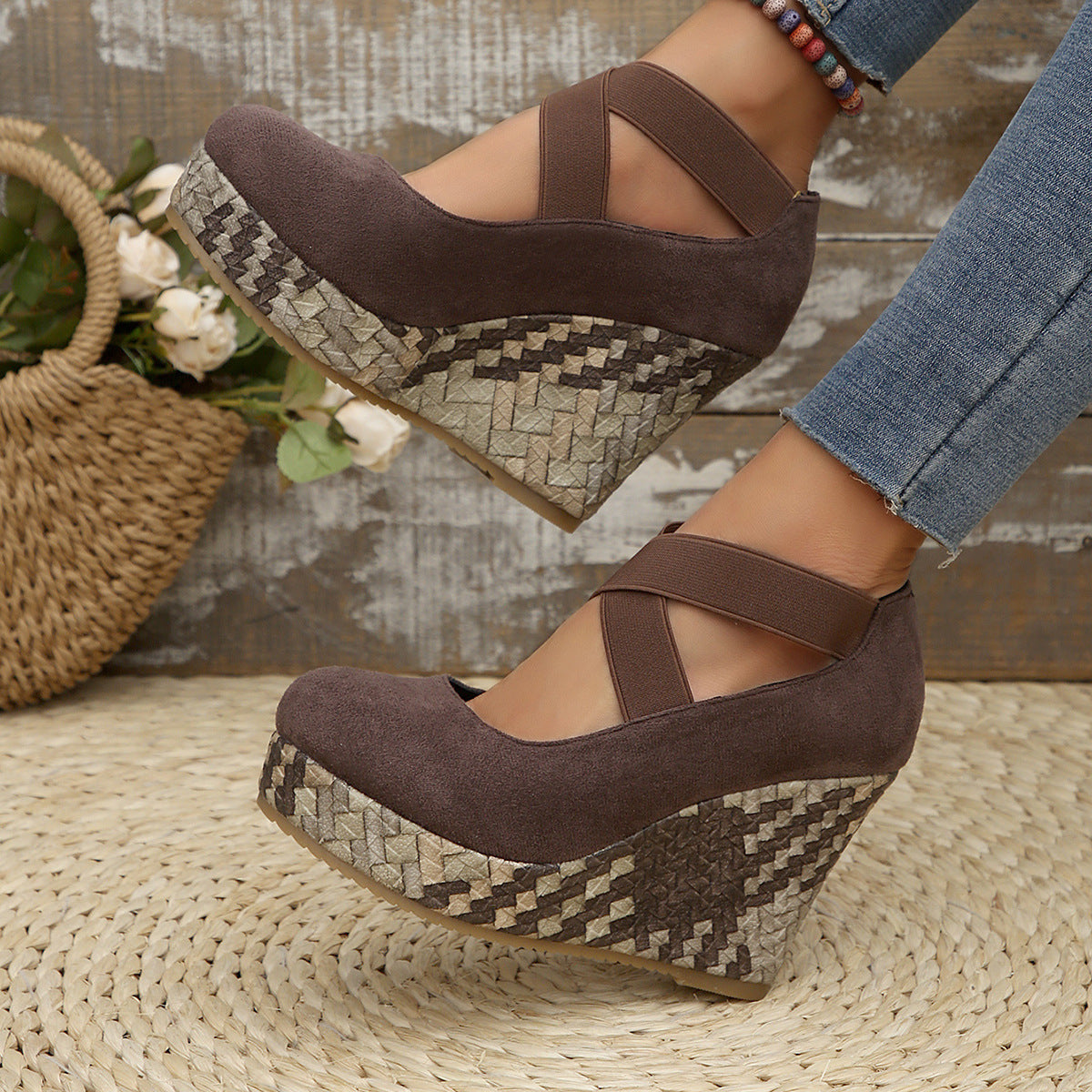 Women's Textured Faux-Suede Criss-Cross Wedge Sandals Corvine