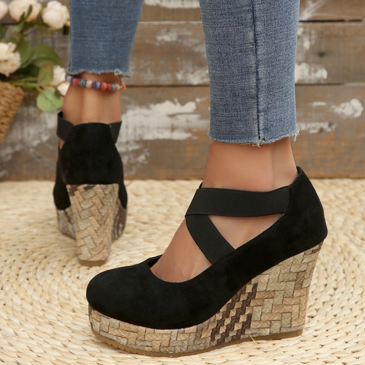 Women's Textured Faux-Suede Criss-Cross Wedge Sandals Corvine