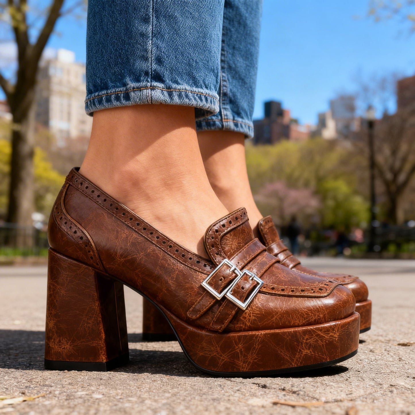 Women's Textured Leather Brogue Loafers Corvine