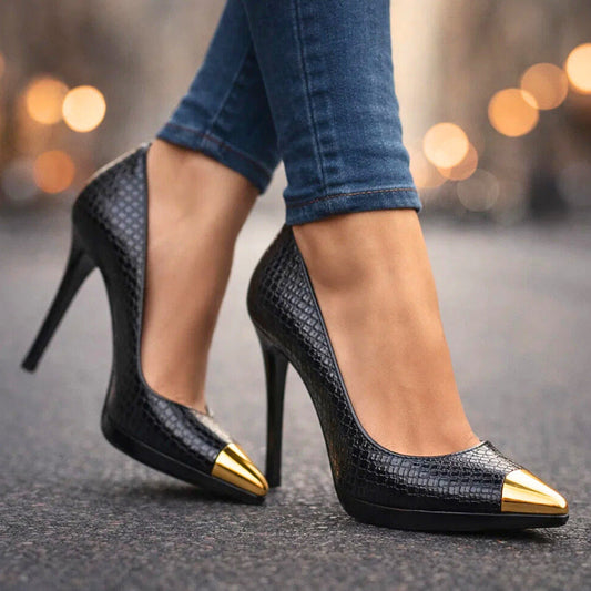 Women's Textured Leather Gold-Tip Pointed Heels Corvine