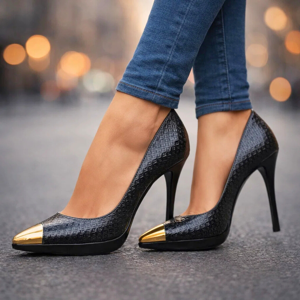 Women's Textured Leather Gold-Tip Pointed Heels Corvine