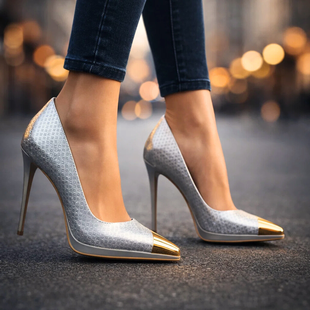 Women's Textured Leather Gold-Tip Pointed Heels Corvine