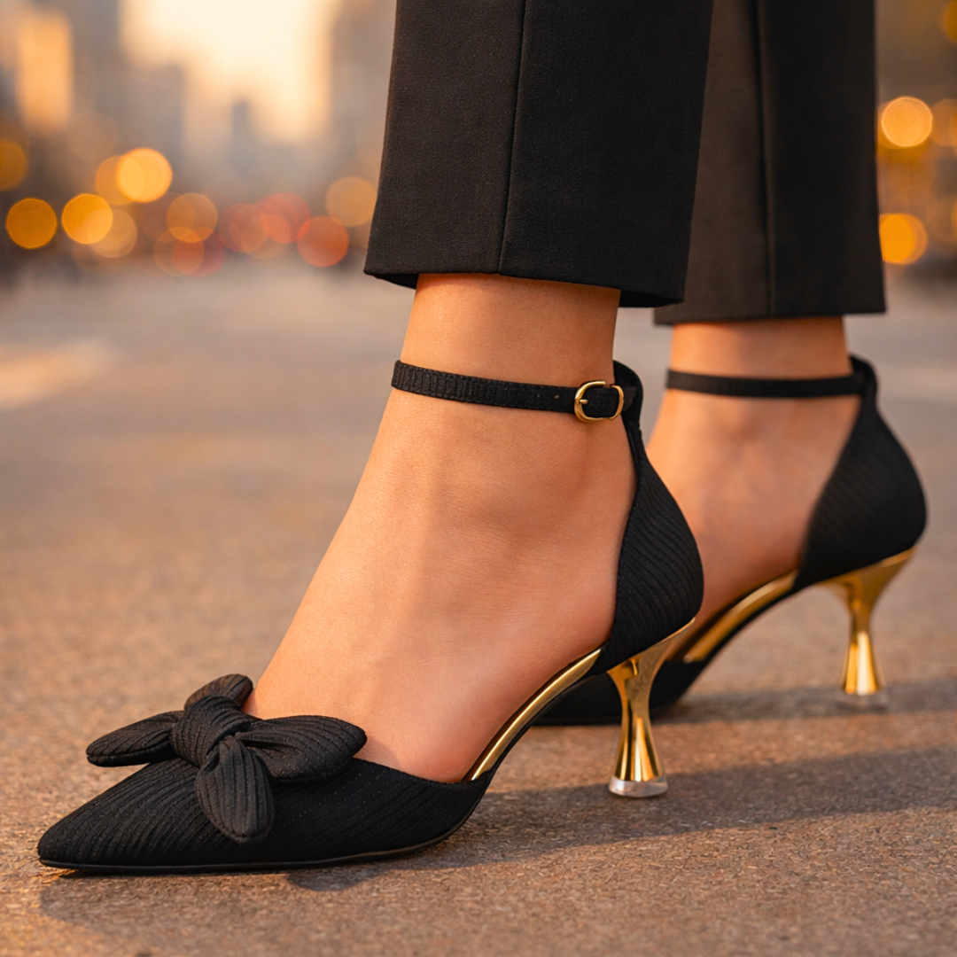 Women's Textured Leather Pointed Toe Gold Heels Corvine