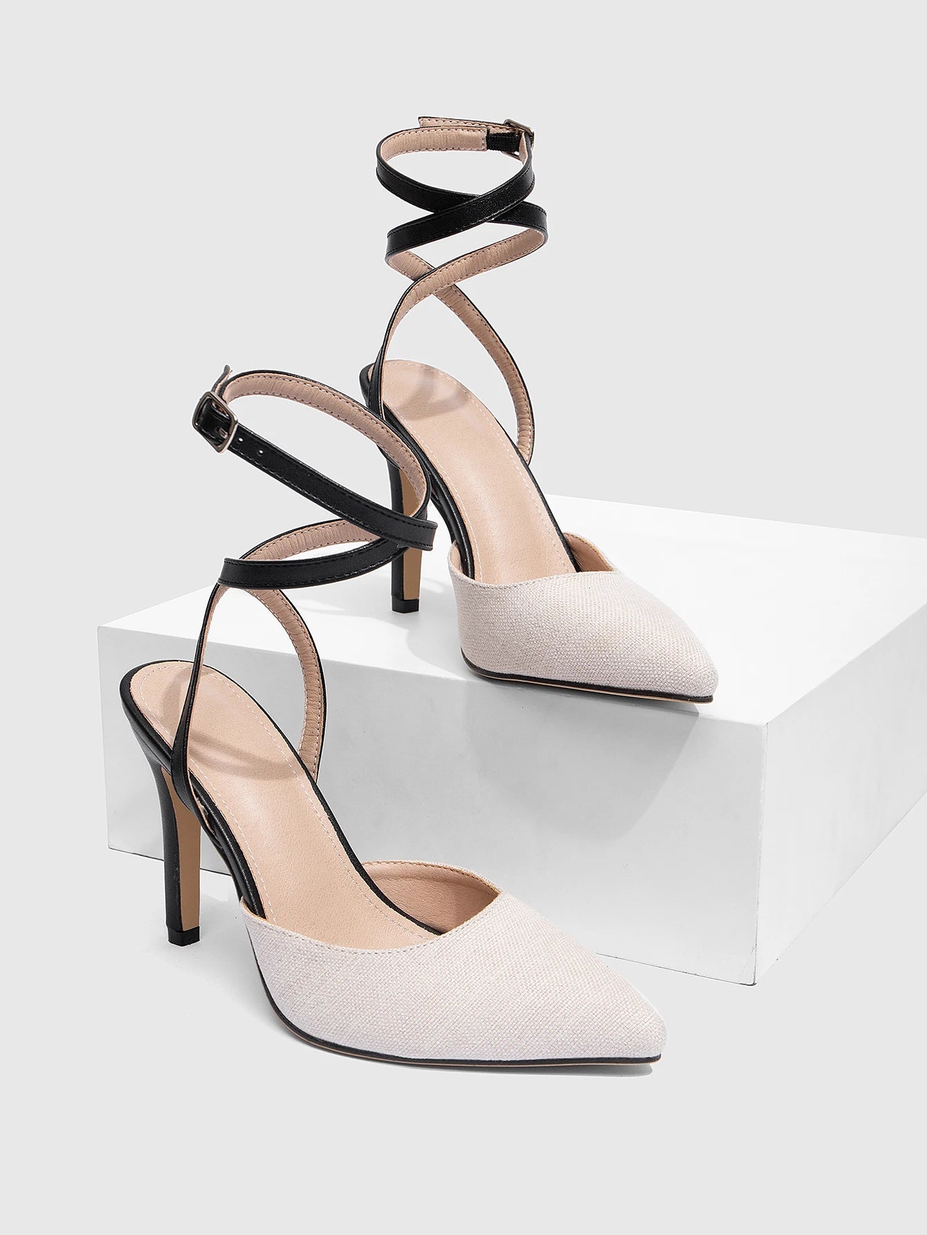 Women's Textured Linen Ankle-Wrap Stiletto Heels Corvine