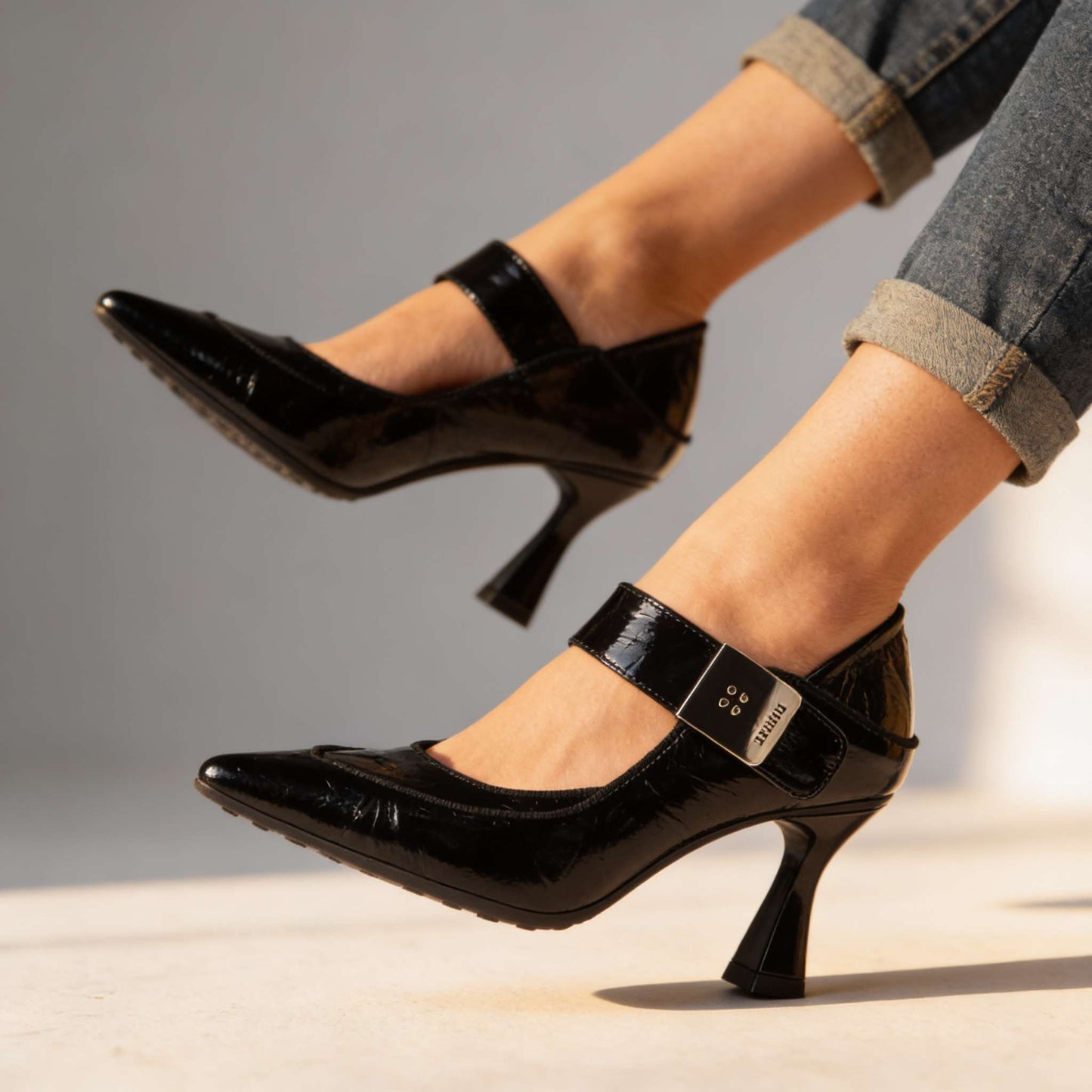 Women's Textured Patent Slip-On Black Heels Corvine
