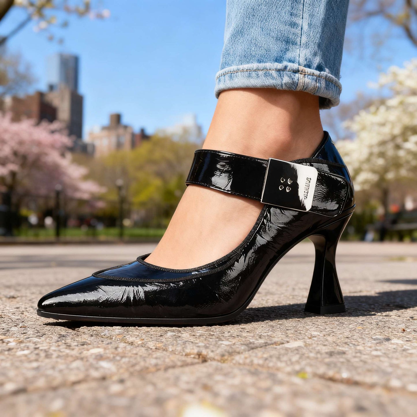 Women's Textured Patent Slip-On Black Heels Corvine
