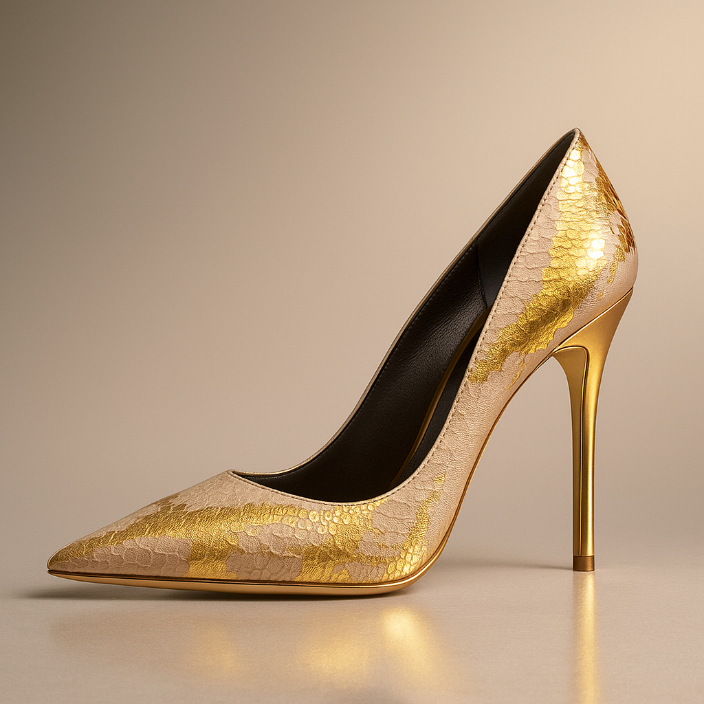 Women's Textured Snakeskin Pointed Heels Gold Corvine