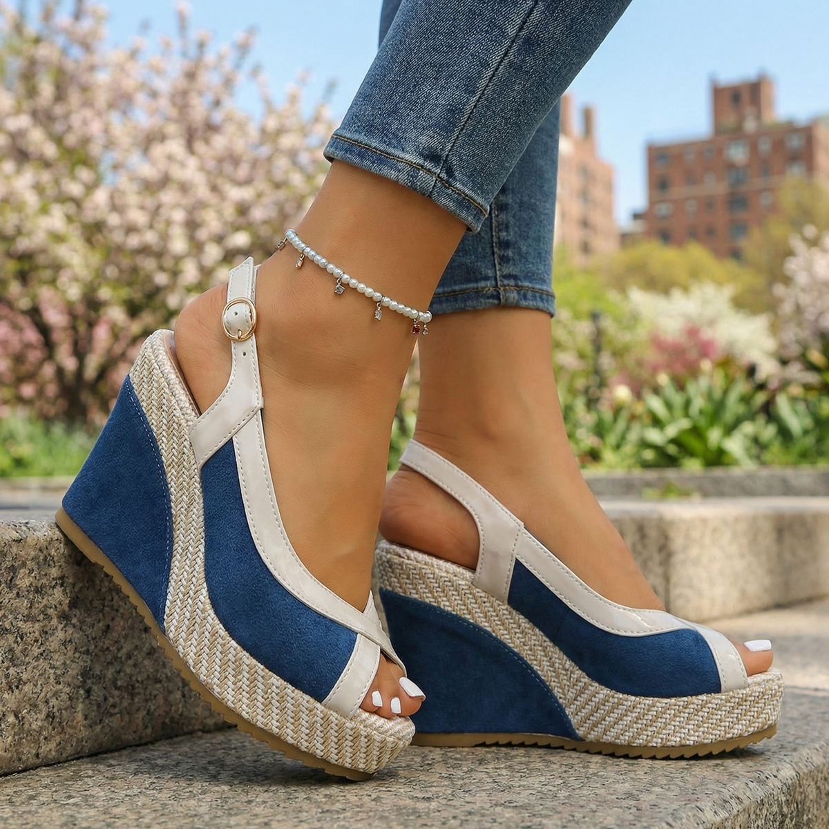 Women's Textured Upper Slingback Wedge Sandals Corvine