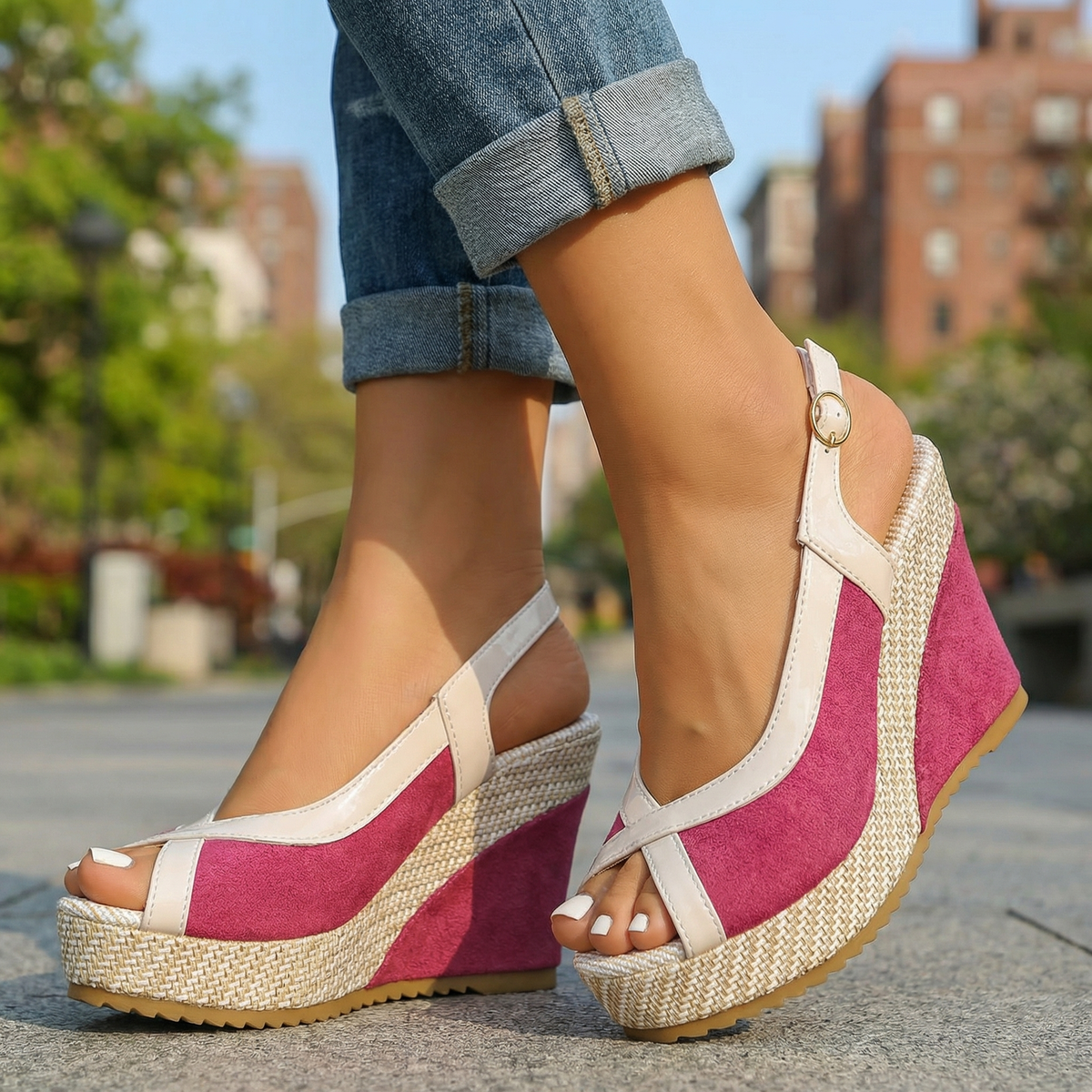 Women's Textured Upper Slingback Wedge Sandals Corvine