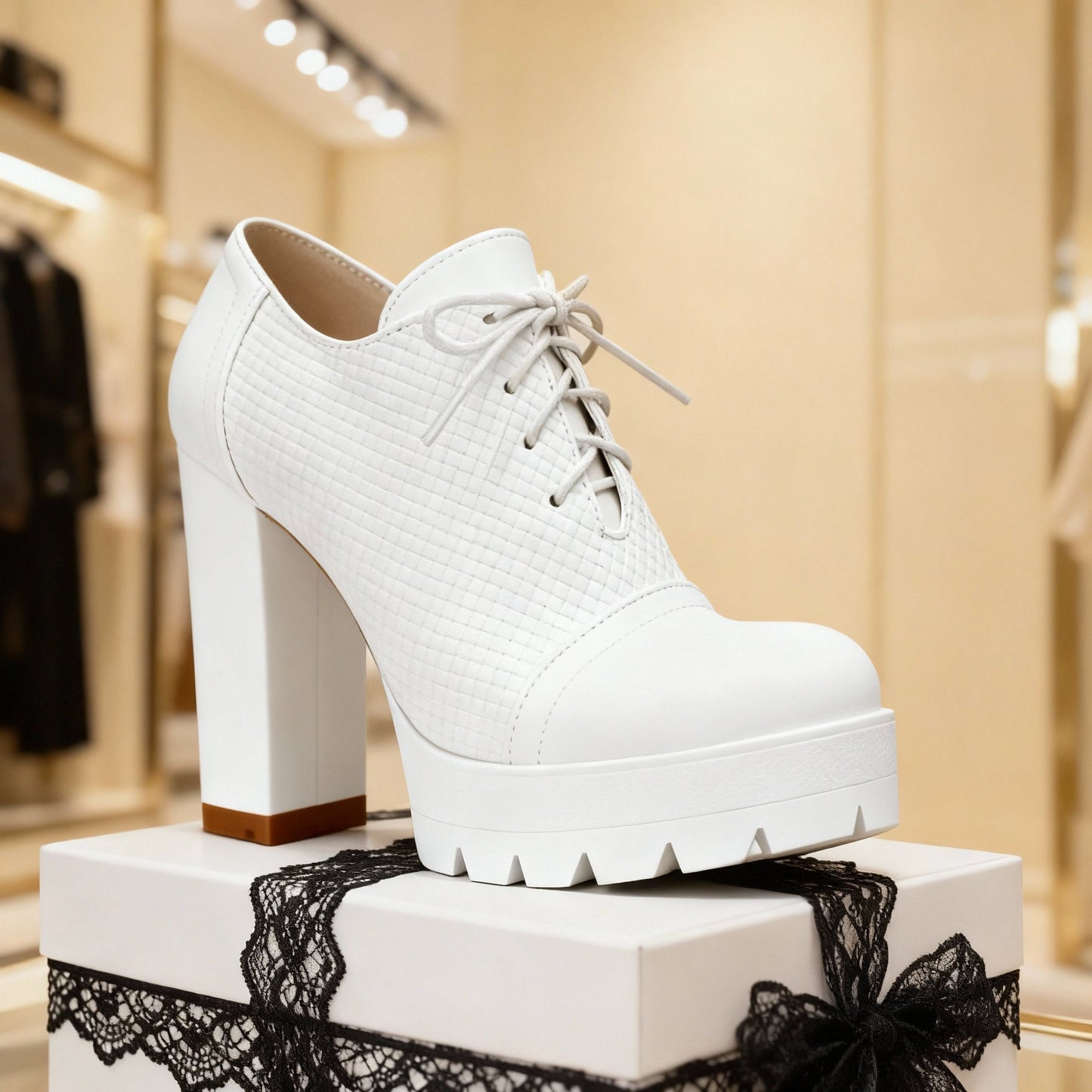 Women's Textured Vegan Leather Lace-Up Block Heels Corvine