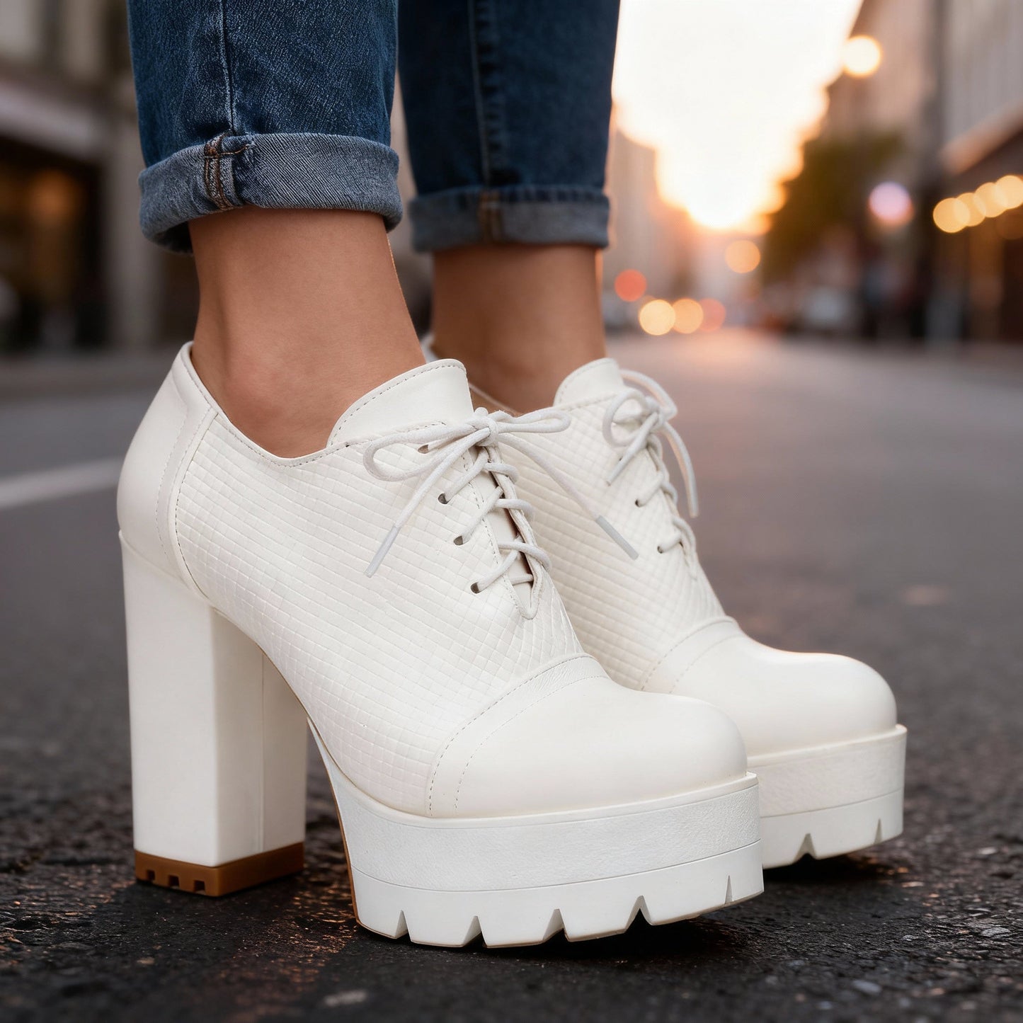 Women's Textured Vegan Leather Lace-Up Block Heels Corvine