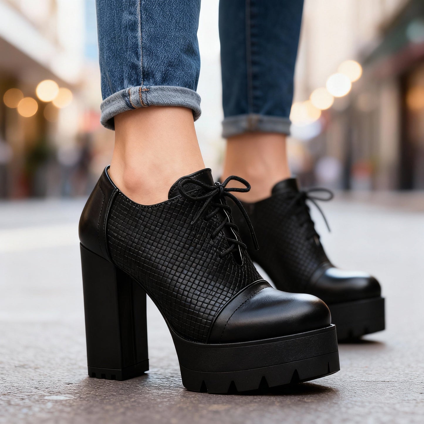 Women's Textured Vegan Leather Lace-Up Block Heels Corvine