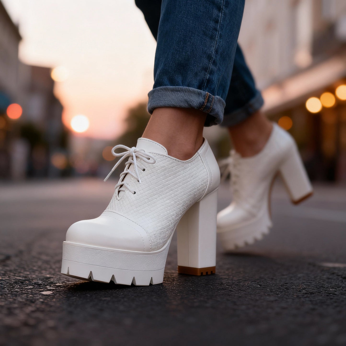 Women's Textured Vegan Leather Lace-Up Block Heels Corvine