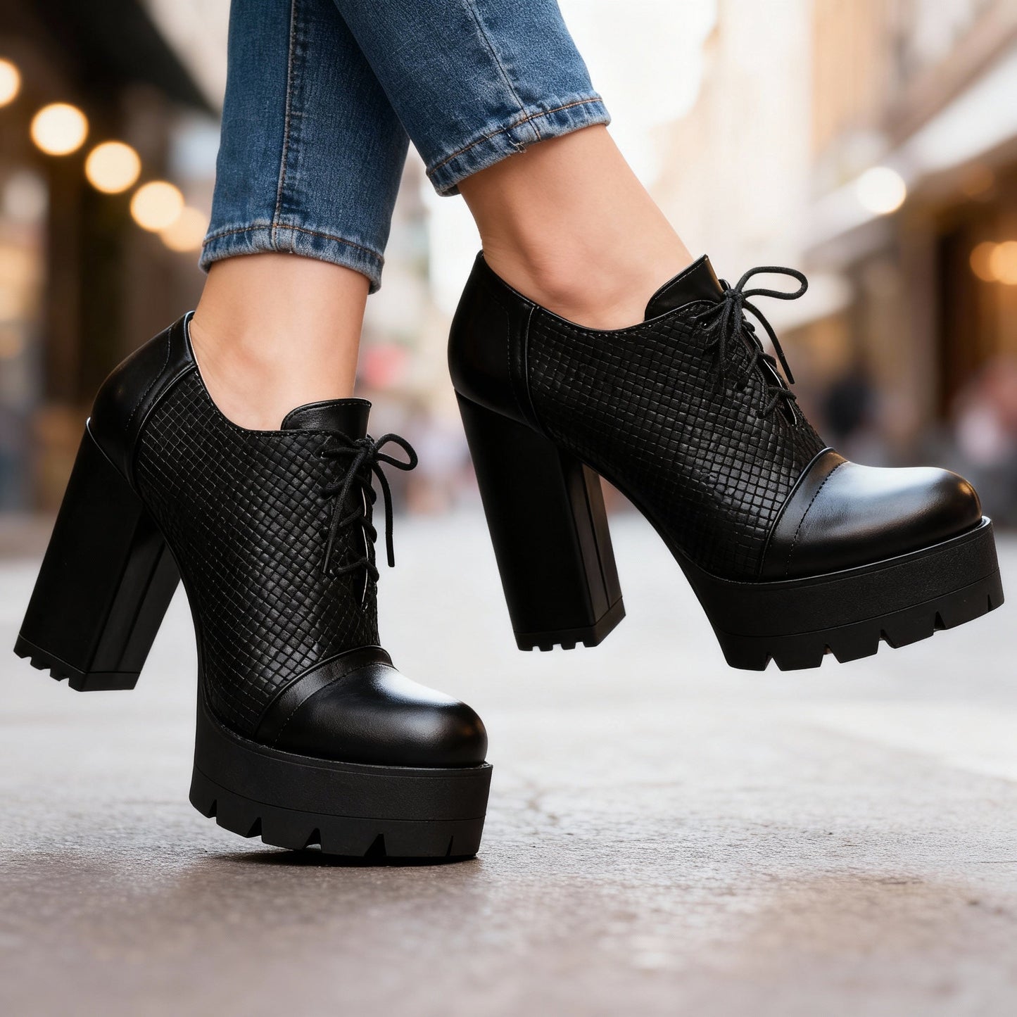 Women's Textured Vegan Leather Lace-Up Block Heels Corvine