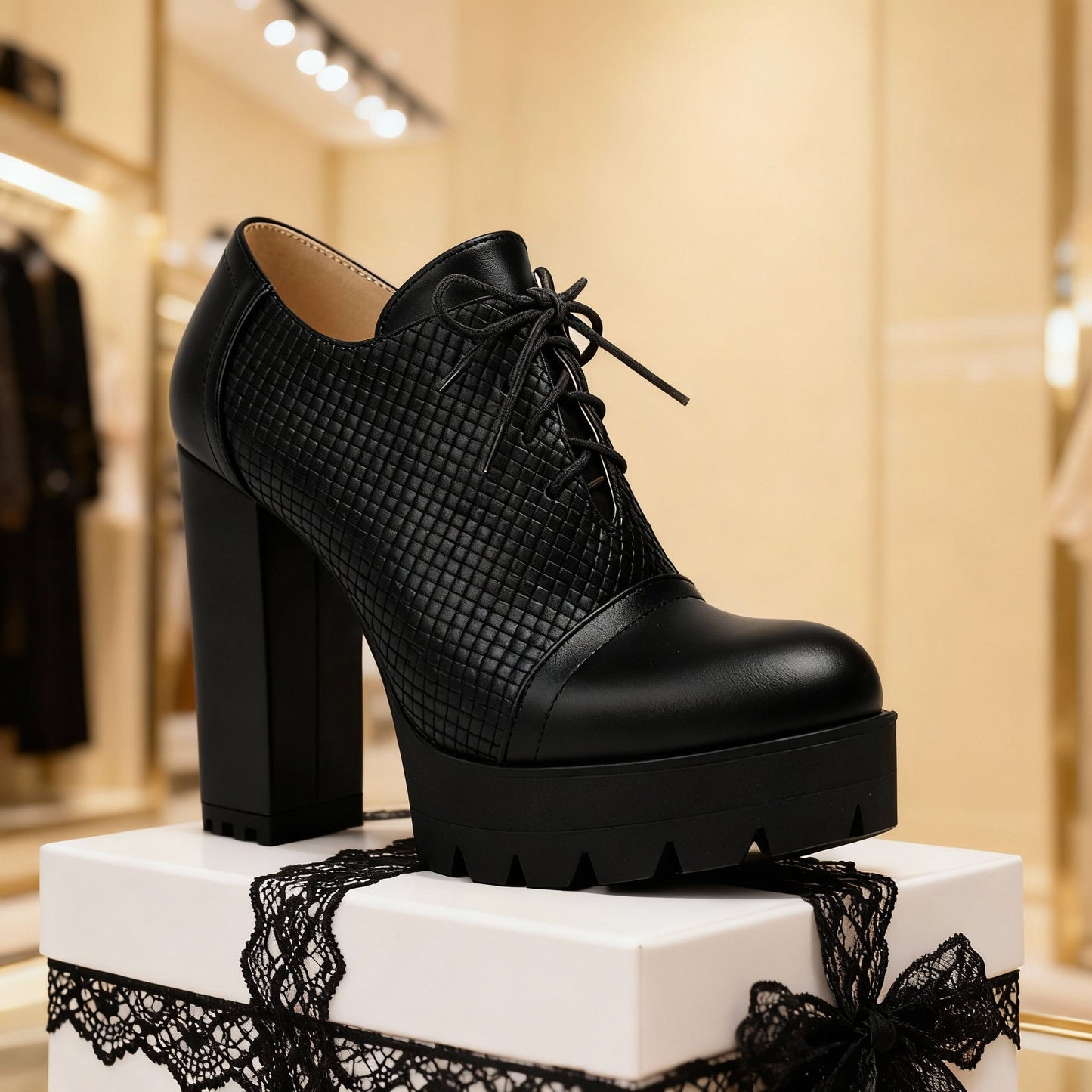 Women's Textured Vegan Leather Lace-Up Block Heels Corvine