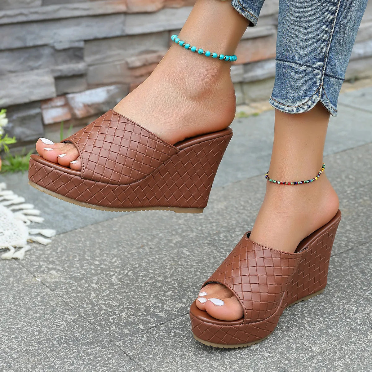 Women's Textured Woven Wedge Mules Shoes Corvine