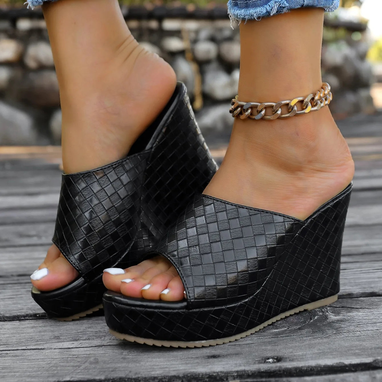 Women's Textured Woven Wedge Mules Shoes Corvine