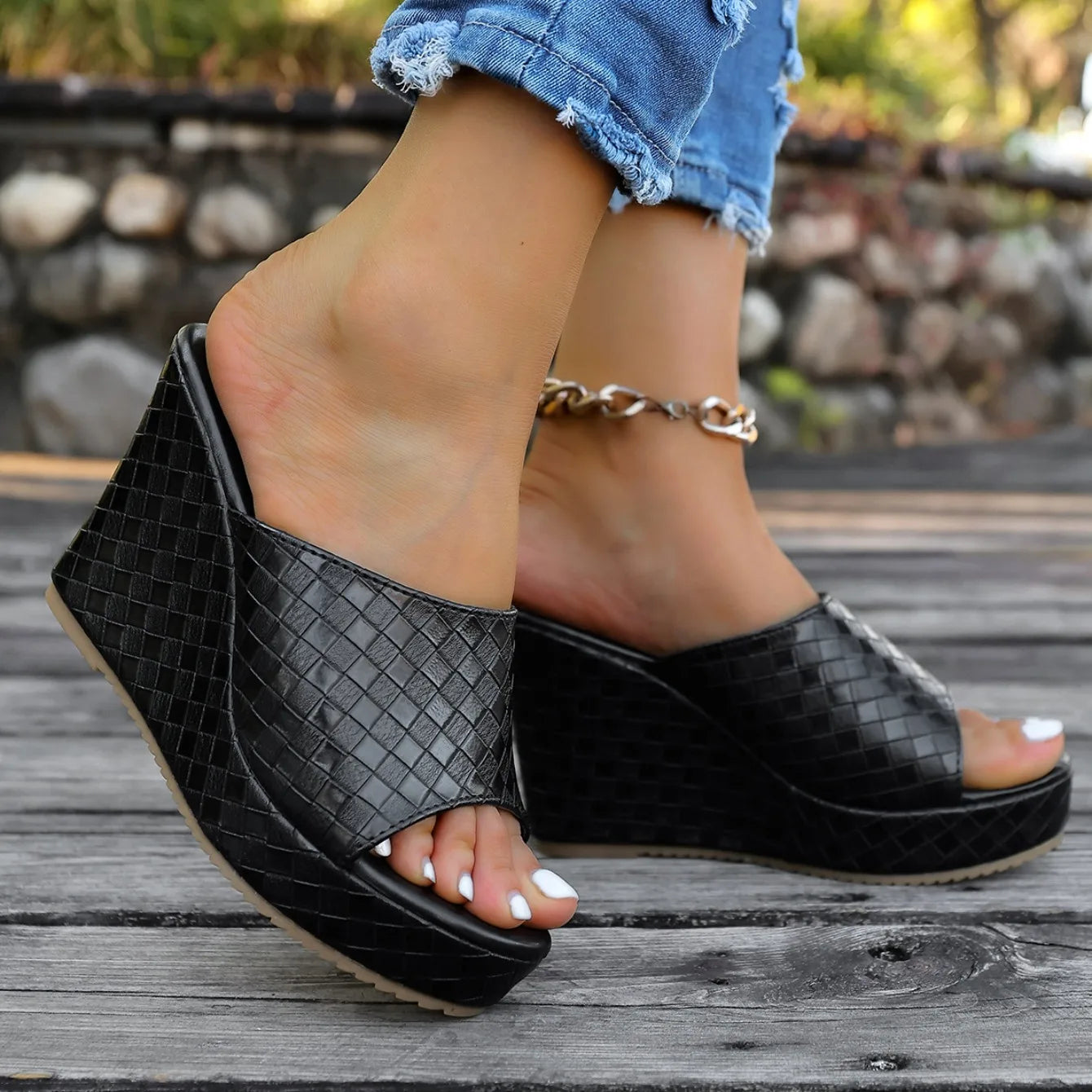 Women's Textured Woven Wedge Mules Shoes Corvine