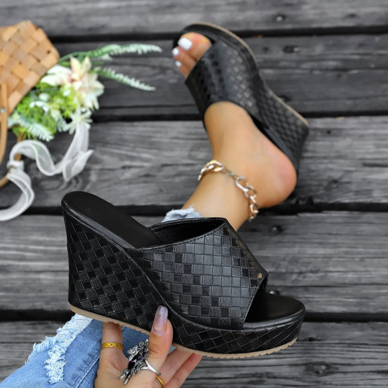 Women's Textured Woven Wedge Mules Shoes Corvine