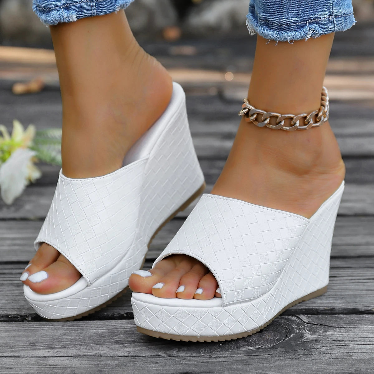 Women's Textured Woven Wedge Mules Shoes Corvine